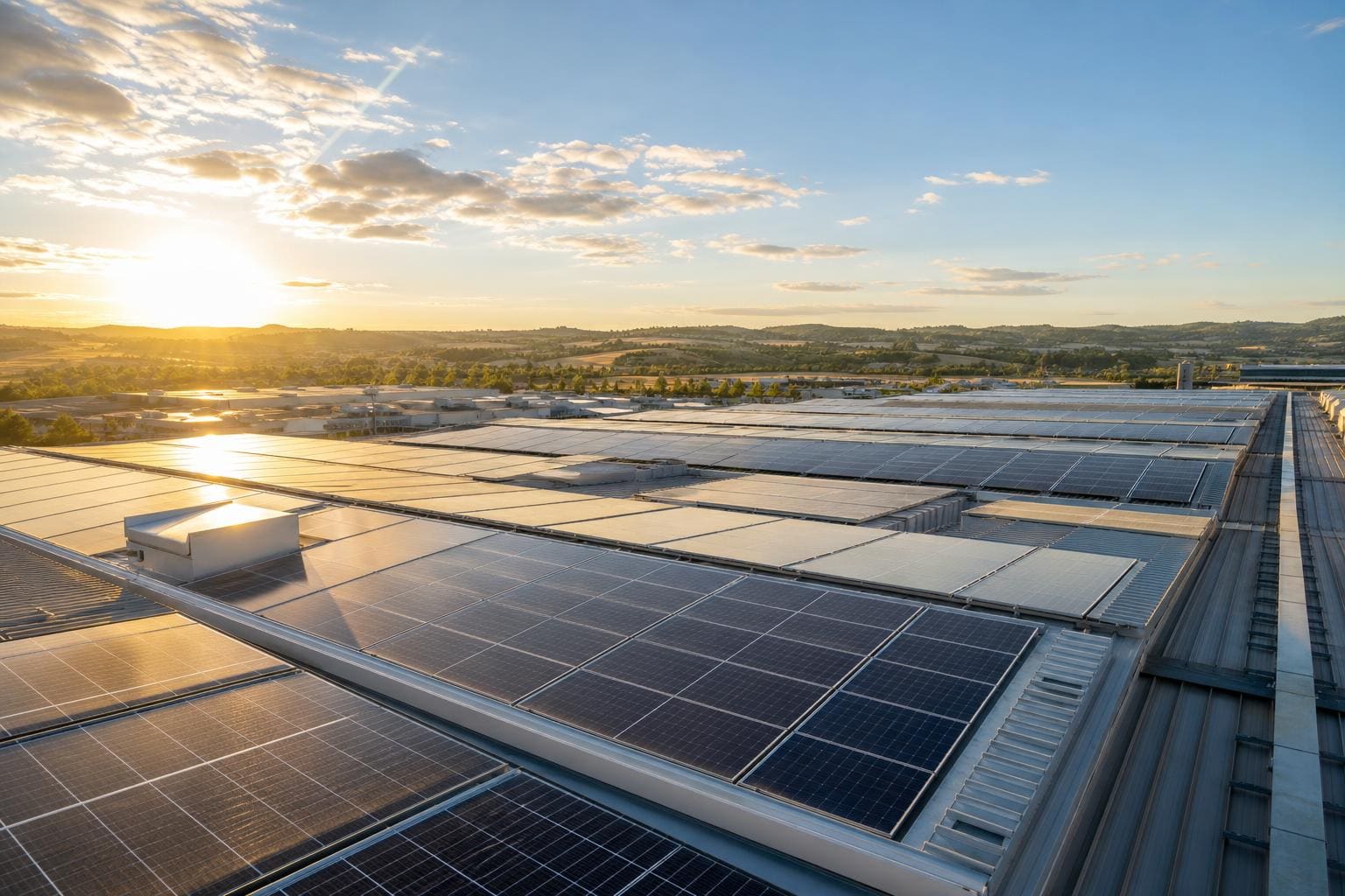 Impianto fotovoltaico industriale su copertura aziendale al tramonto
