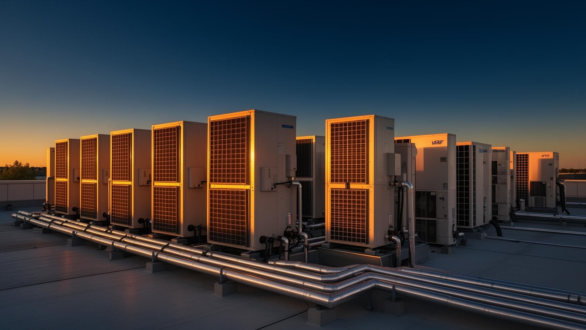 Impianto HVAC industriale su copertura aziendale al tramonto